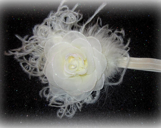 Ivory Glamor Sparkle Rose Ostrich Feather Glitter Hair Bow Headband Hairbow Photo Prop Baptism Wedding Special Occasion Gift Newborn Baby