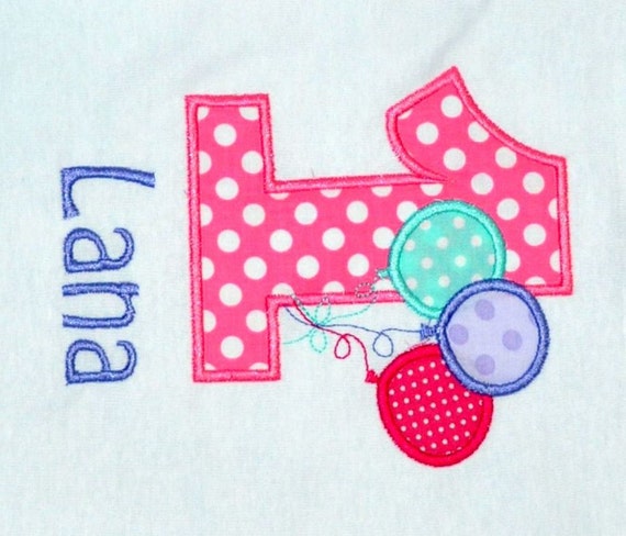 Birthday Girl Outfit - Monogrammed/Personalized First Girl Birthday Balloons Appliqued Body Suit, Sizes 12 mo or 18mo