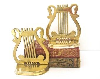 Vintage Brass Musical Lyre Bookends Bookends, Music Harp Bookends