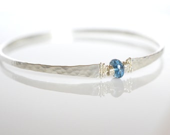 London Blue Topaz Bracelet December Birthstone Sterling Silver Hammered Bangle Bracelet Winter Jewelry Frost