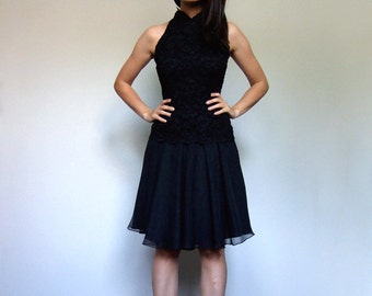 Lace Dress Women 80s Black Party Dress Lace Cocktail Dress Fit and Flare Dress LBD 80s Prom Dress - Extra Small to Small XS S