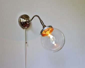Crystal Ball Sconce Lamp, Stainless Steel Gooseneck Wall Sconce With A Clear Round Orb Glass Globe Shade, Minimalist BootsNGus Light Fixture