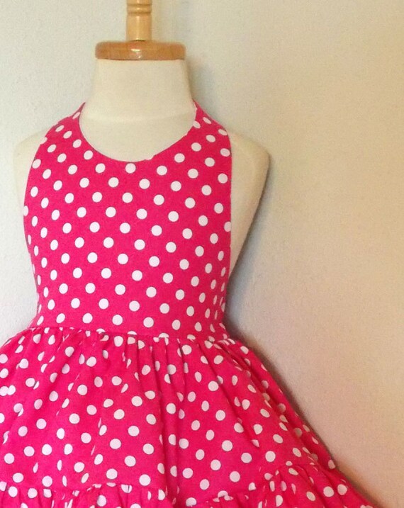 Hot Pink Polka Dot Twirly Halter Dress Sundress by BizzyBumpkins