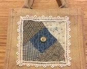 BURLAP TOTE with Antique Quilt Pieces and Vintage Lace and Button Decoration Navy TOSCOFG