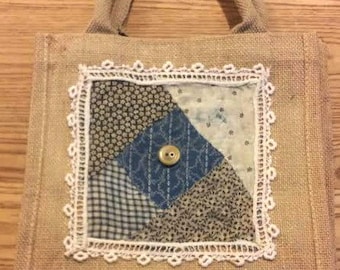 BURLAP Tote with Antique Quilt Pieces and Vintage Lace and Button Decoration Navy OFG RDT