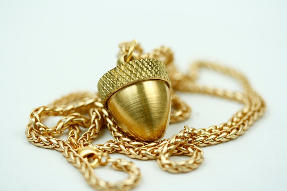 Long Gold Acorn Pendant Necklace Living Locket Acorn by FreshyFig