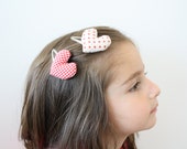Heart Hair Clip Set - Red Gingham and Red Polka Dot Hearts - Little Pillow Hearts