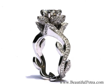 blooming work of art milgrain flower rose lotus diamond engagement ring setting with leaves on - Lotus Wedding Ring blooming work of art milgrain flower rose lotus diamond engagement ring setting with leaves on - Lotus Wedding Ring