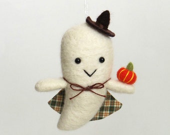 Ghost Halloween figurine - needle felted ornament, felt orange pumpkin, plaid cape, cute fall decor