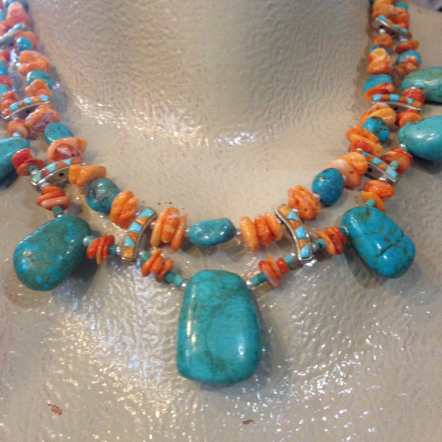 Spiny Oyster and Turquoise with Zuni Beads Double Strand