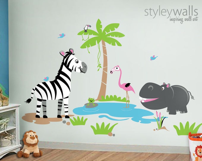 Safari Animals Wall Decal Set, Hippo Flamingo Zebra Frog Sticker Nursery Kids Playroom Room Sticker Art, Jungle Animals Wall Decal