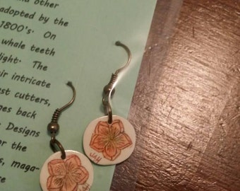 Scrimshaw Sailors Trinket Earring Set Lovely Orange Flowers OOAK