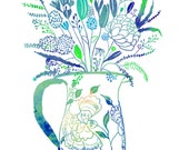 Flowers in a vase print illustration, Bouquet illustration, Flower art print