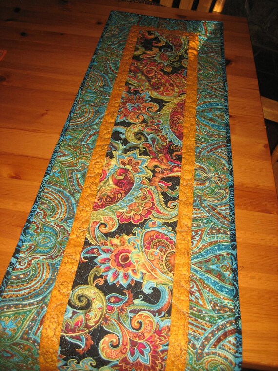 Quilted Table Runner Bohemian Blue Red Orange Green By Tahoequilts