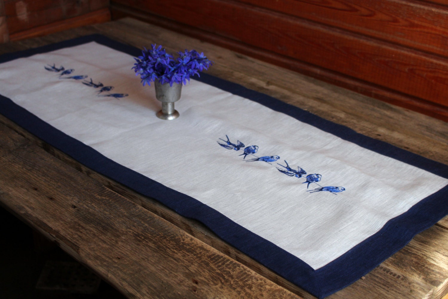Blue and White Linen Table Runner with Birds Embroidery
