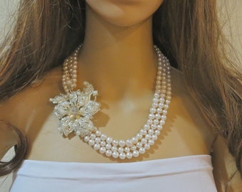 Items similar to Exquisite vintage style three strands bridal pearl