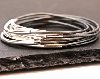 Gray Leather Bangles , Bangle Bracelets , Silver Bangles , Bangle Set , Stacking Bangles , Glacier Gray , Best Seller , Amy Fine Design