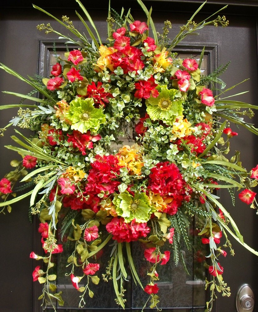 Red and Yellow Summer Wreath Door Wreaths Spring by LuxeWreaths