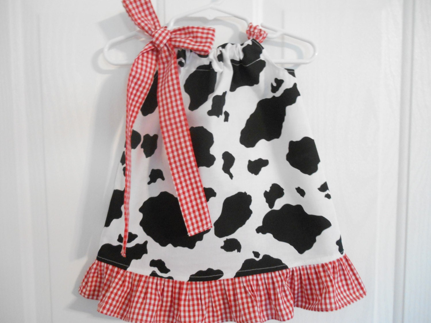 Pillowcase cow print dress with your choice of gingham tie and