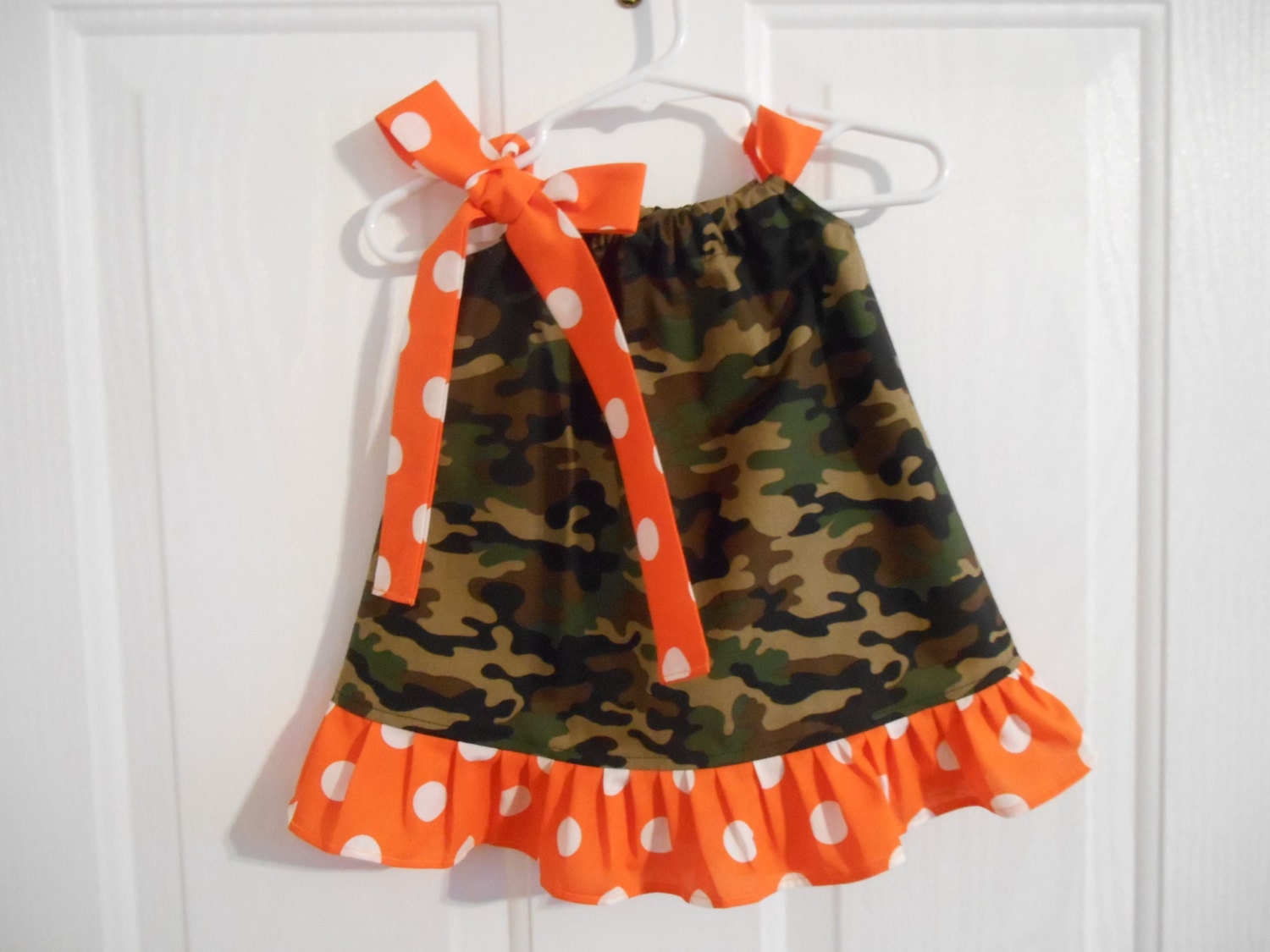Girls camo pillowcase dress green camo with orange white dots