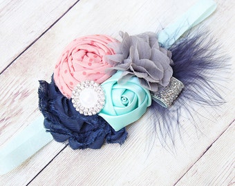 Love at First Flight- navy, peach coral mint and silver headband