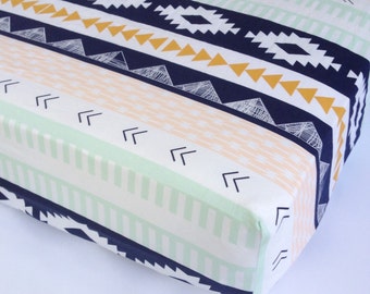 Southwestern Baby Bedding - Changing Pad Covers / Fitted Crib Sheets / Navy Mini Crib Sheets / Aztec Nursery Bedding /Babiease Baby Sheets