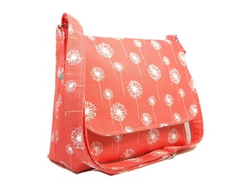 Women's Messenger Bag, Coral Dandelion Purse, Canvas Crossbody Bag, Shoulder Bag, Fabric Purse, Medium Dandelion Pocketbook, Cross Body Bag