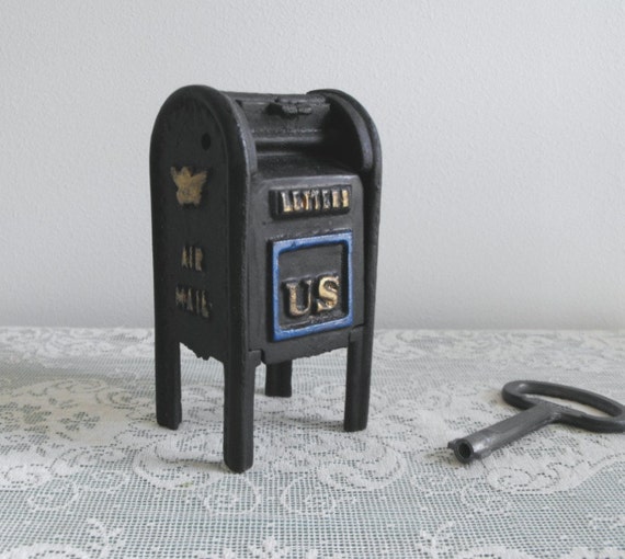 Vintage 1940's Black Cast Iron Mailbox Coin Bank
