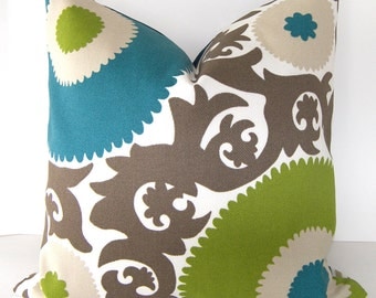 Designer Pillow Cover - Fahri - Indoor / Outdoor - Teal - Lime - Sand and Ivory