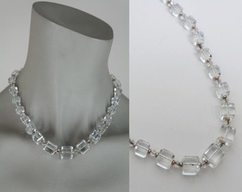 SALE Vintage 1930s Necklace / 30s Art Deco Cube Glass Crystal Gold Fill Beaded Necklace