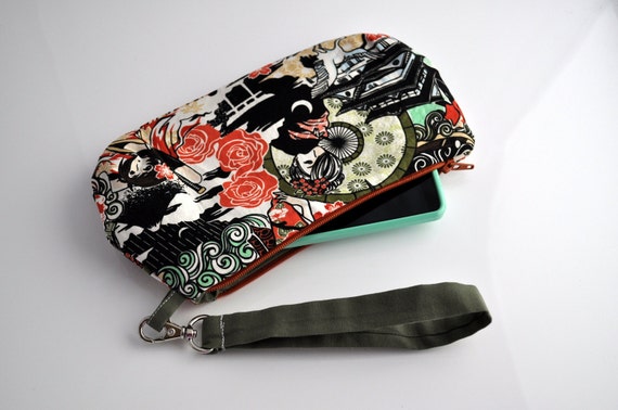 handmade wristlet, clutch with strap, wristlet bag, geisha bag, ready ...