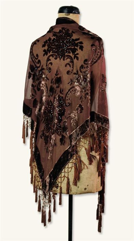 Chocolate Brown Silk Burnout Fringe Velvet Shawl by riotousrose