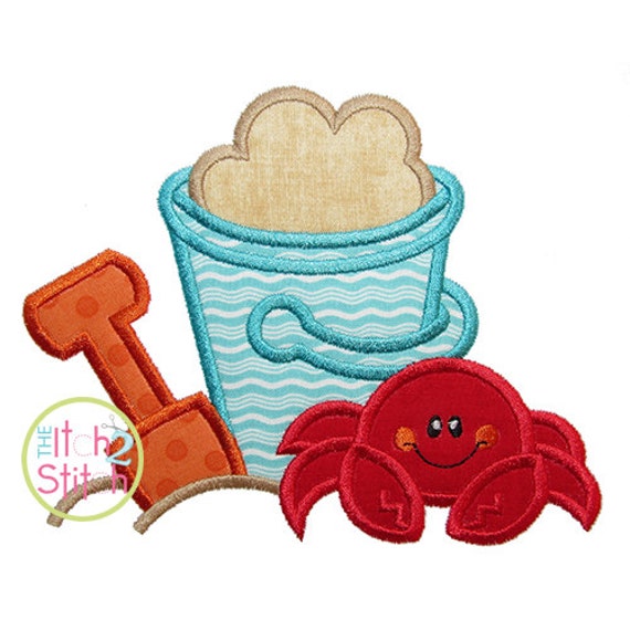 Beach Bucket Crab Applique Design For Machine Embroidery.