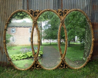 Huge Vintage Triple Mirror, Room size Mirror, Gold Baroque Mirror