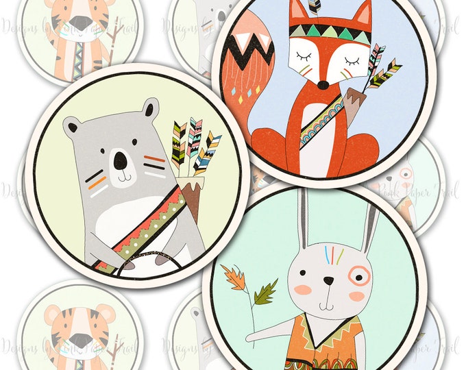 Cute Woodland Tribal Animal Cupcake Topper or Party Stickers - Print your own