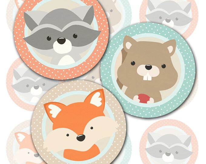 Woodland Animals Cupcake Topper or Party Stickers - 2 inch circles - Print Your Own - Instant Download - Fox - Raccoon - Squirrel