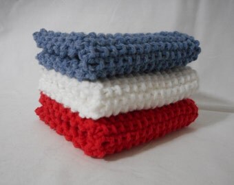 Handmade Knitted Dish Cloth, Knitted Washcloth, Spa Washcloth, Knitted Dishcloth, 100% Cotton, Eco-Friendly, Red White and Blue