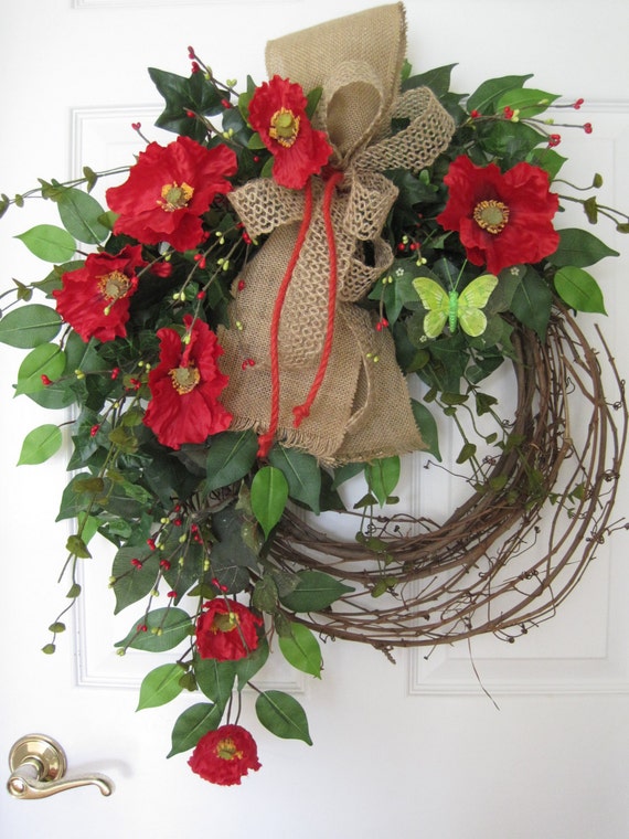 Red Poppy's Wreath Butterfly Wreath Spring Wreath Summer