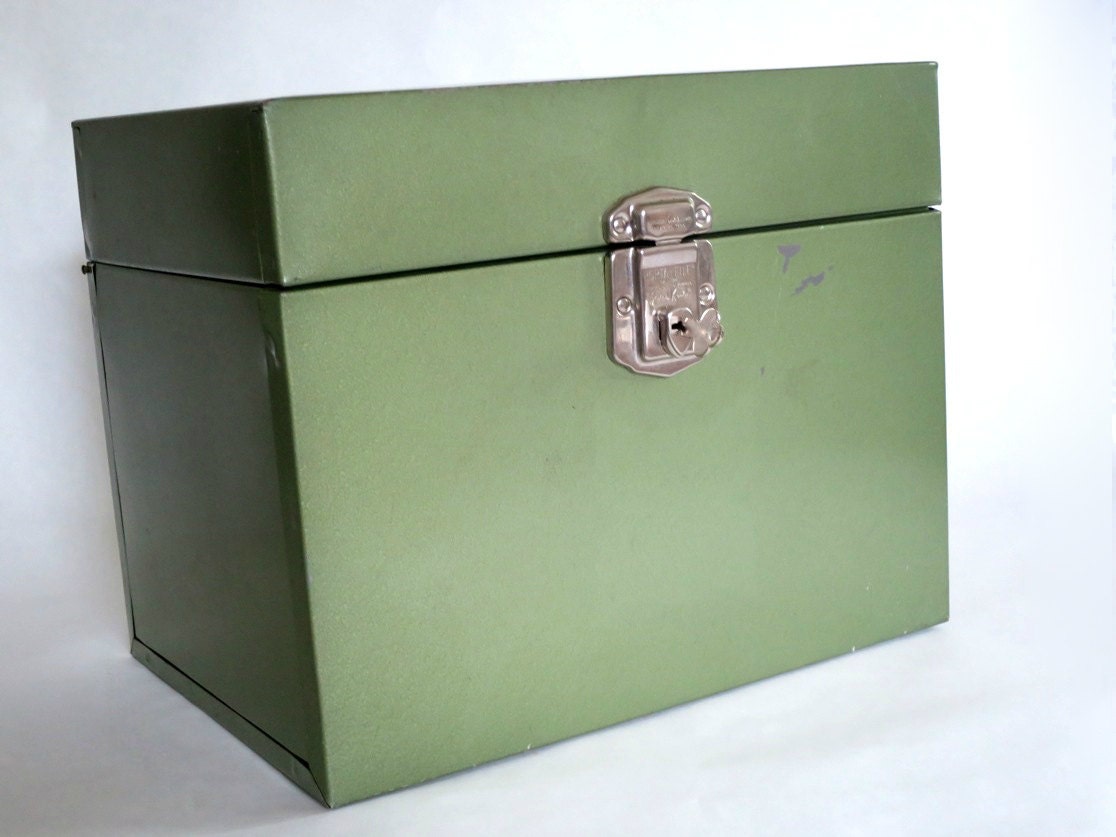 Vintage Olive Green Metal File Box Industrial Metal Storage