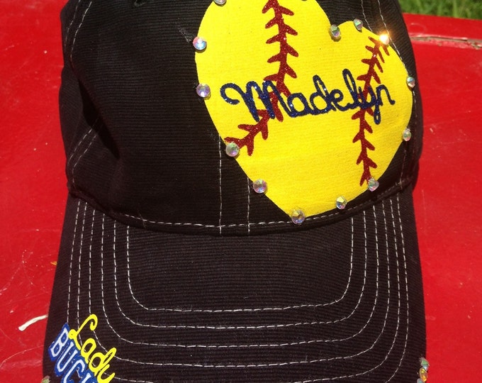 Softball Heart on Baseball Trucker Cadet Cap, Hat for Women, Accessories for her, Womens Rhinestone Cap Hat, Team Mom, Embellished Cap