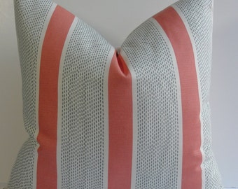 Tilton Fenwick coral jade stripe Designer pillow cover, Decorative Duralee accent throw pillow