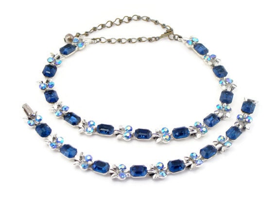 Blue Rhinestone Necklace Set Unsigned LISNER Necklace Bracelet