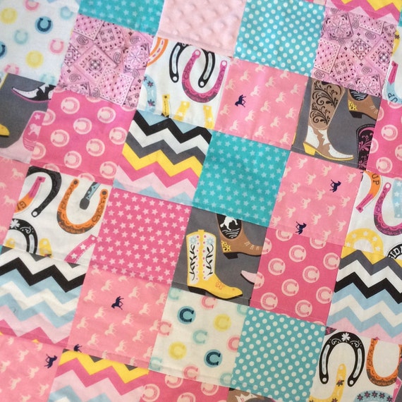 Cowgirl Baby Quilt Patchwork and Chenille Boots and Horseshoes