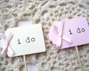 I do Cupcake Toppers, Light Pink or Beige with Light Pink Bow, Treat Toppers, Sweets Bar, Set of 12