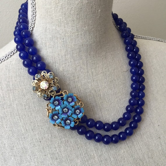 Asymmetrical Cobalt blue beaded necklace by LulusPetalsJewelry