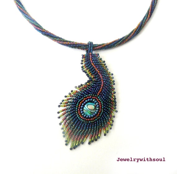 Peacock's feather bead embroidery pendant by jewelrywithsoul