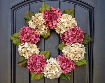 Hydrangea Wreath Spring Wreath Summer Wreath Grapevine Door Wreath Mauve/Rose Cream Hydrangea Floral Door Decoration Indoor Outdoor