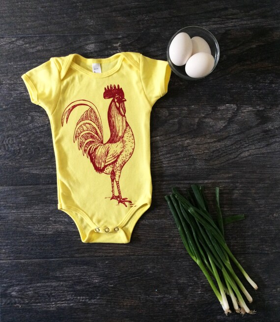 Red Rooster Screen Print Baby Onesie Bodysuit Yellow with Red