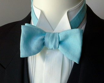 bowtie, mens, pure linen - aqua, freestyle, self tie, for men / adjustable bow tie : perfect for your summer wedding / groomsmen.