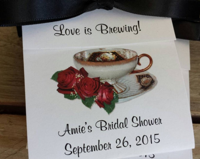 Red Roses Anniversary Personalized Teacup Tea Bag Party Favors for Bridal Shower or Wedding Birthday Celebration